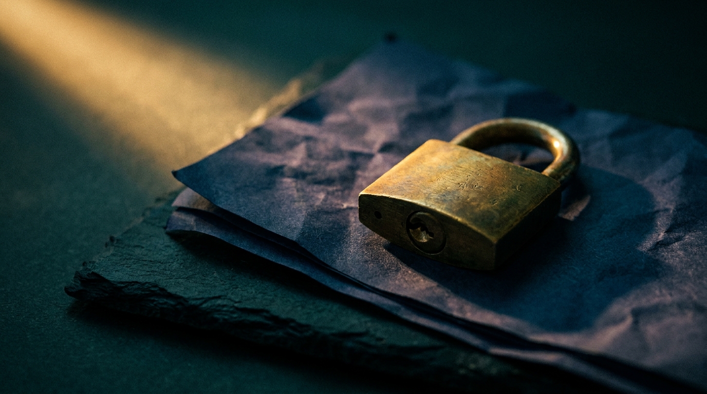A single brass padlock resting on dark paper, lit by a shaft of gold light