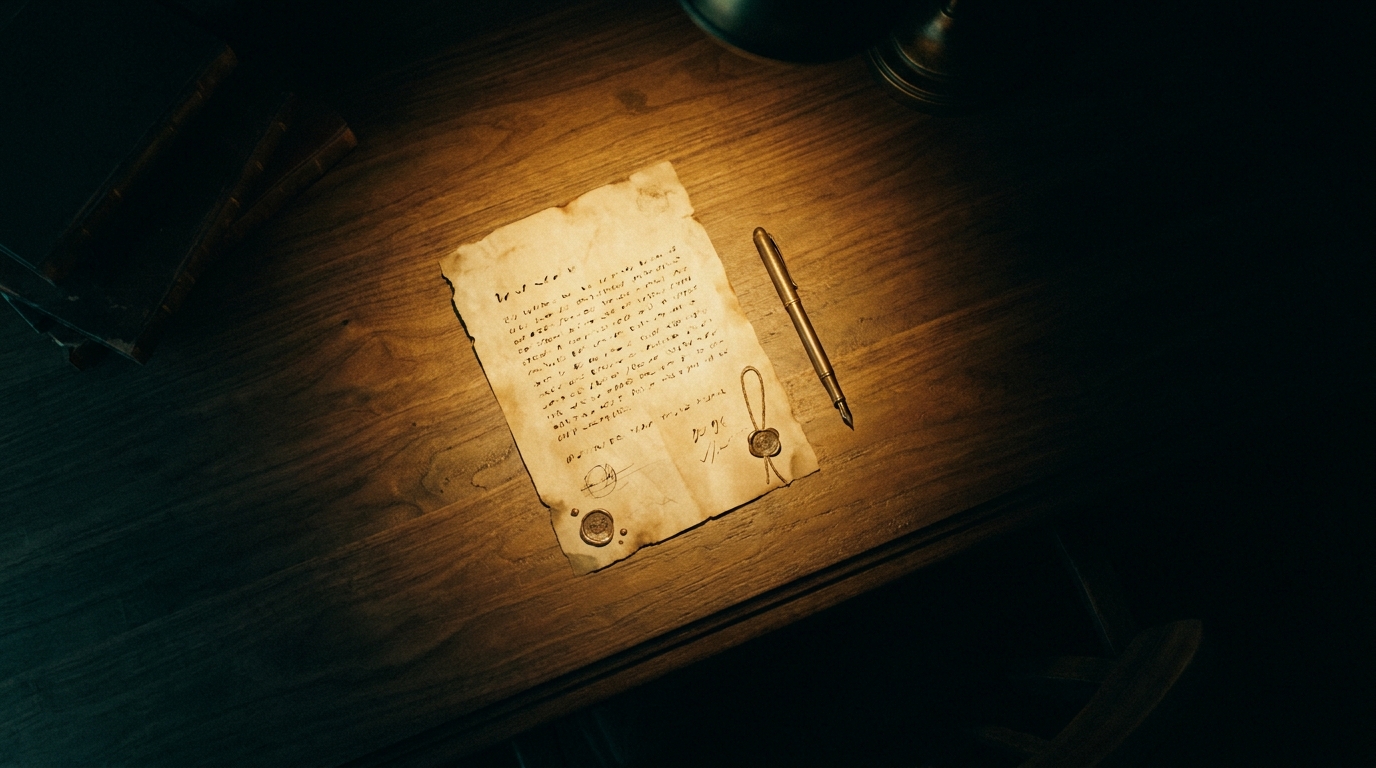 A signed parchment covenant and a fountain pen on a dark desk, lit by warm gold light