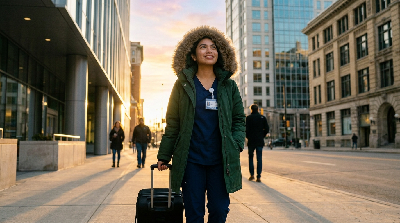 A nurse arriving in Canada with her suitcase, warm and hopeful
