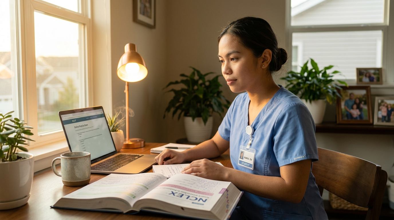 A nurse studying exam material at her desk in warm evening light