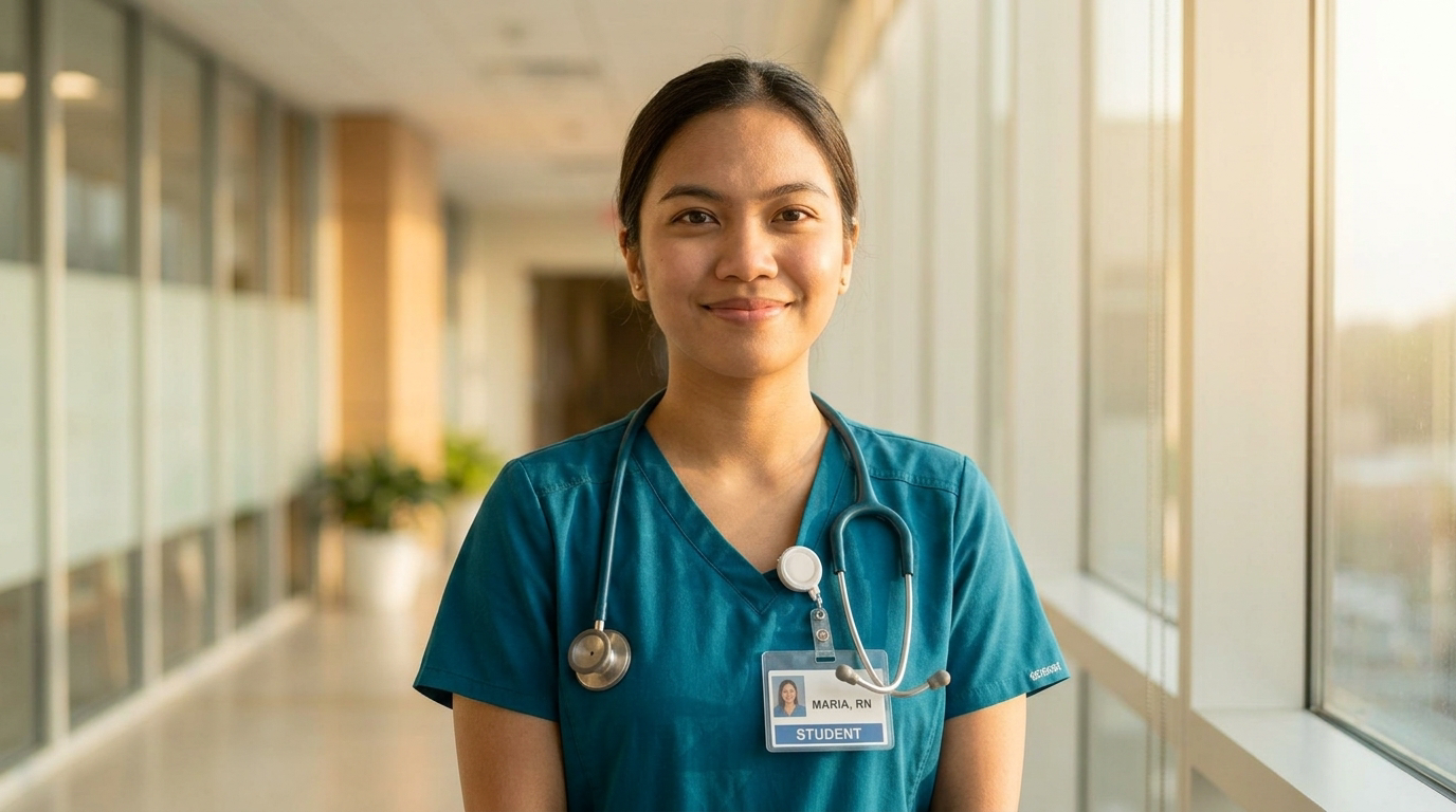 Maria, an internationally educated nurse, hopeful and determined in a bright hospital corridor